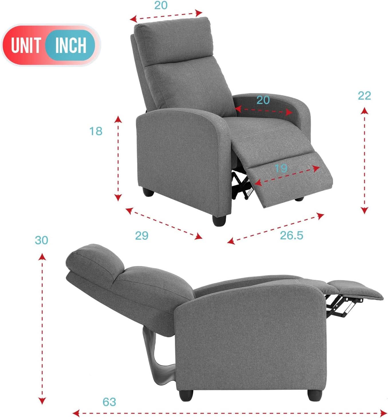 Grey Recliner Chair With Lumbar Support For Living Room