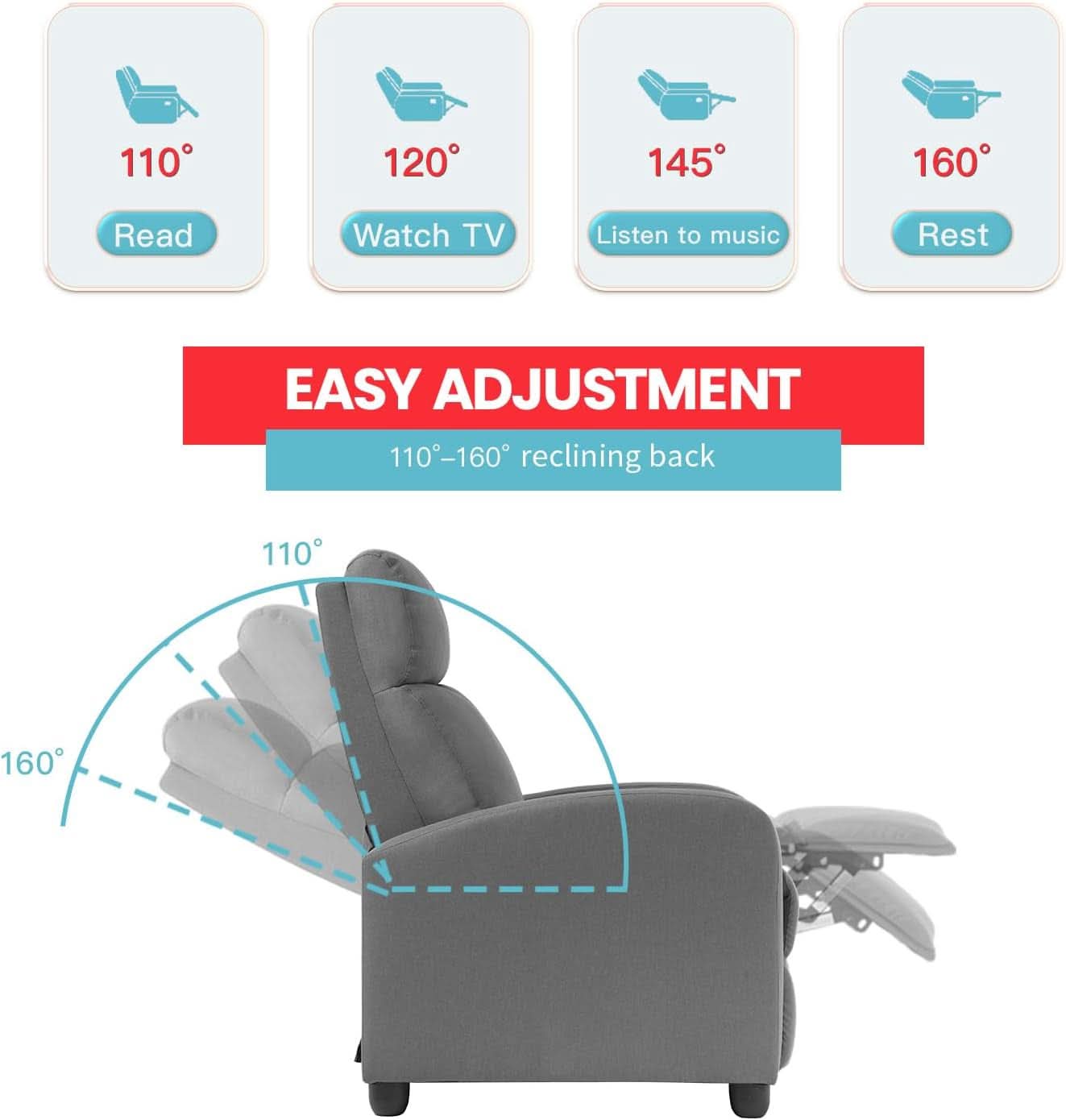 Grey Recliner Chair With Lumbar Support For Living Room