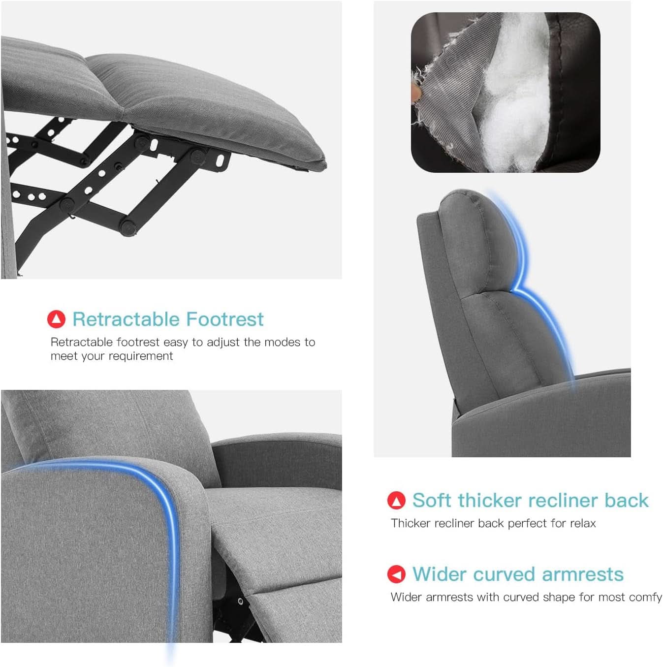 Grey Recliner Chair With Lumbar Support For Living Room