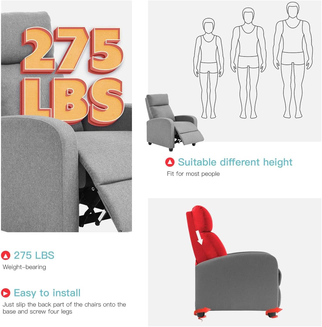 Grey Recliner Chair With Lumbar Support For Living Room