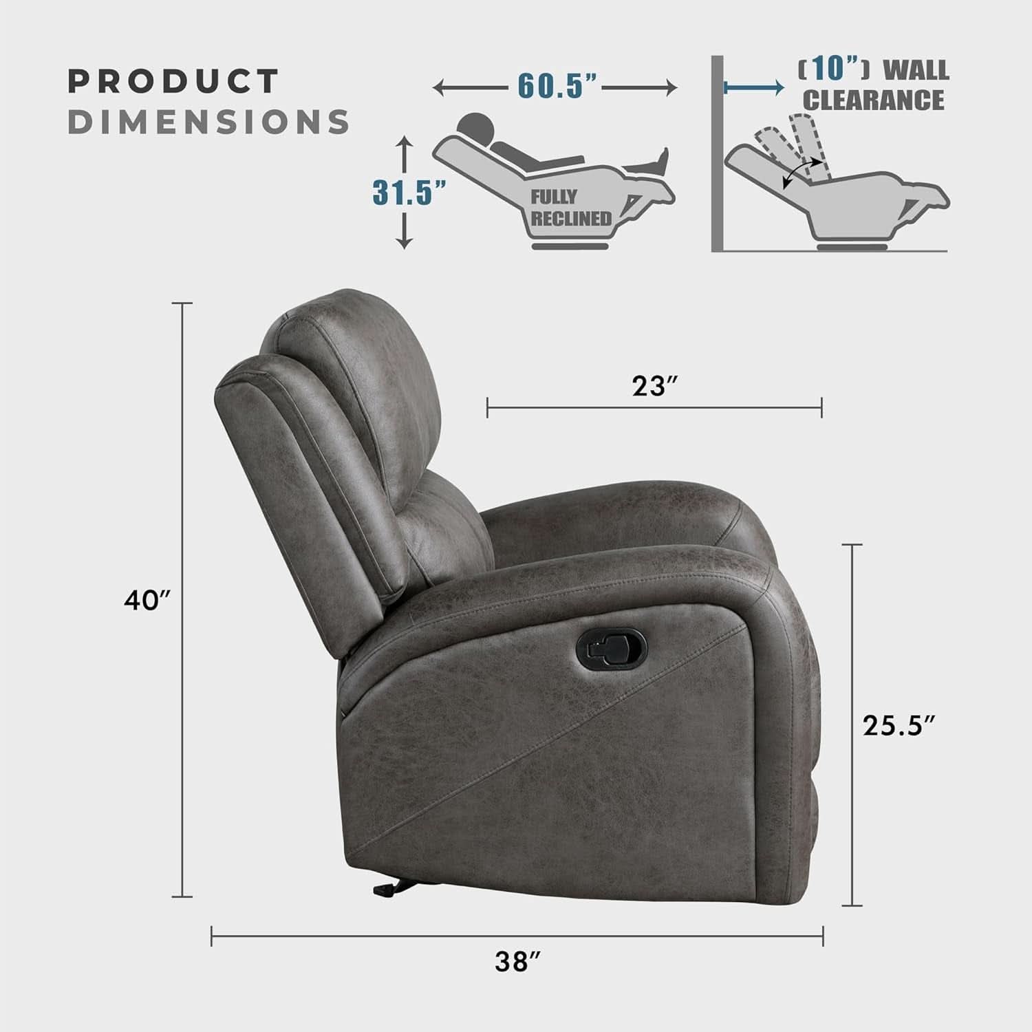 Grey Rocker Recliner Chair With Manual Recline Living Room