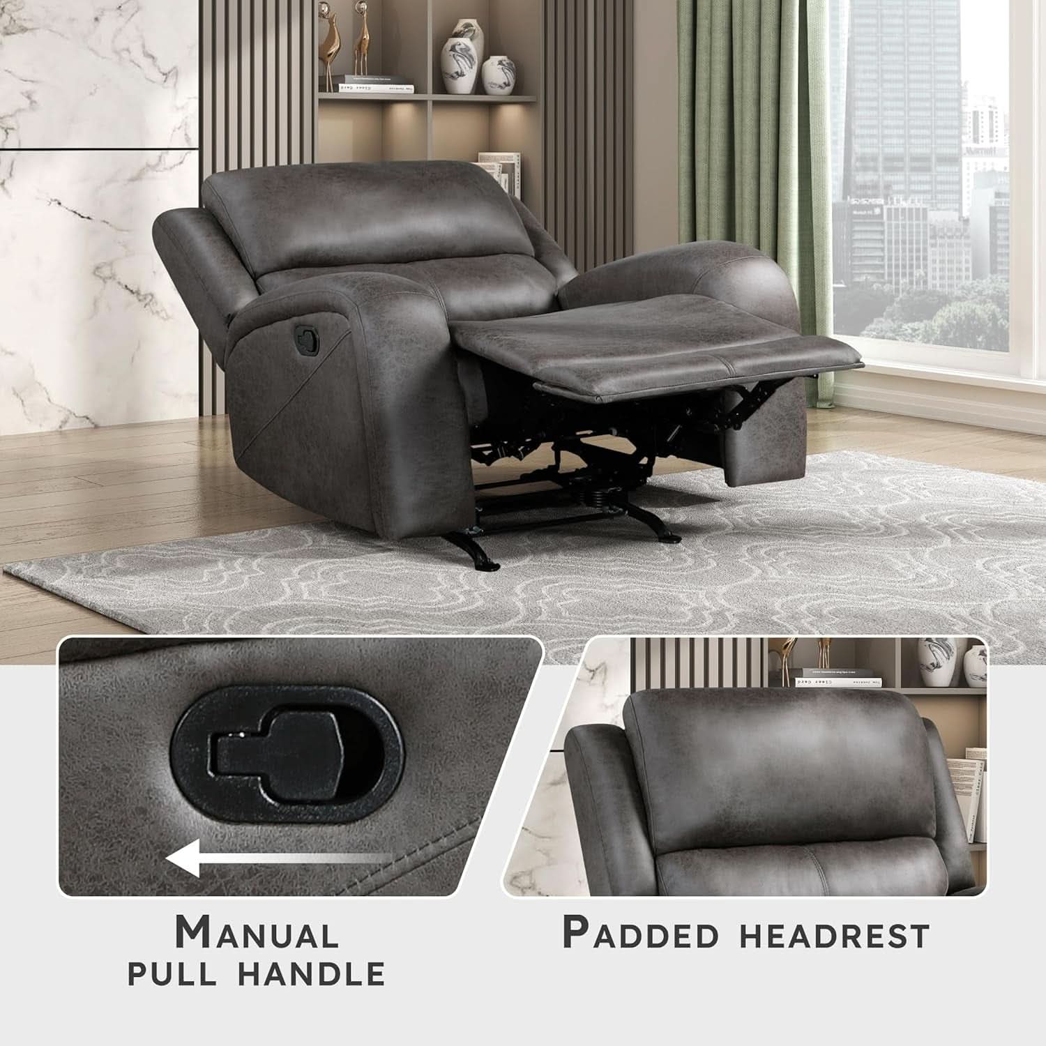 Grey Rocker Recliner Chair With Manual Recline Living Room