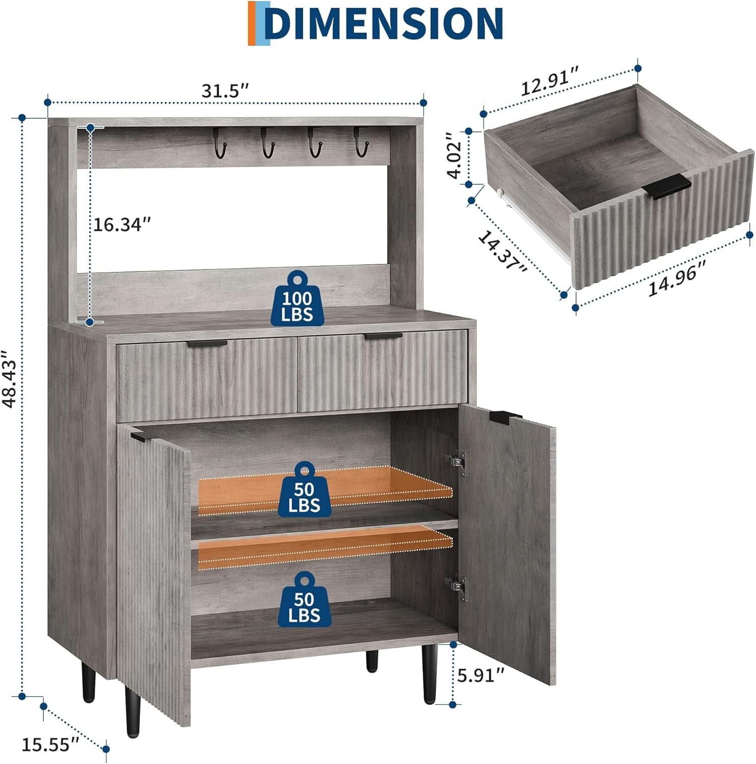 Grey Sideboard Cabinet With 2 Drawers For Dining Room