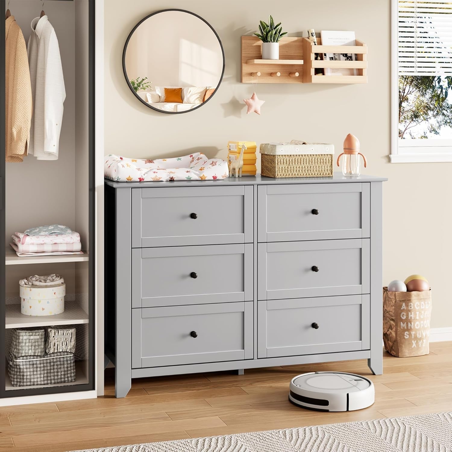 Grey Six Drawer Dresser For Bedroom Storage And Organization