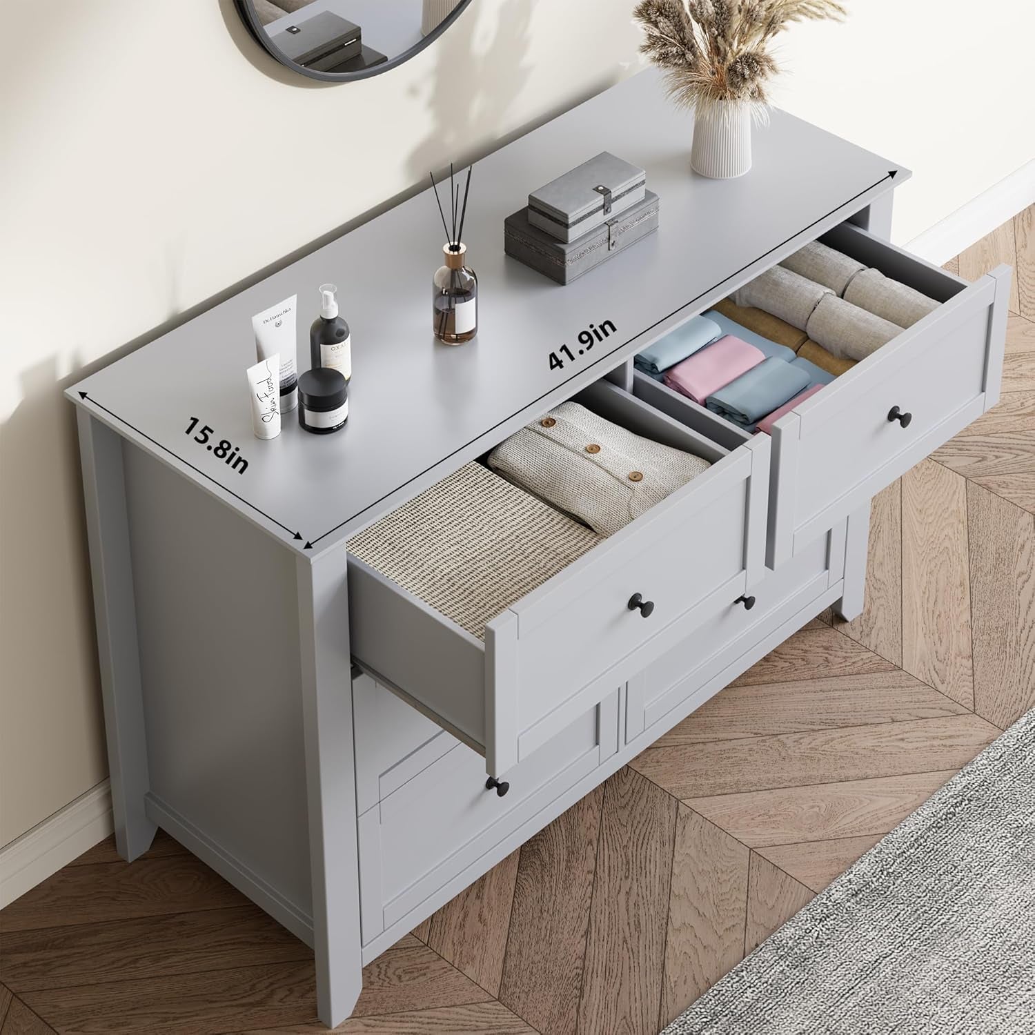 Grey Six Drawer Dresser For Bedroom Storage And Organization