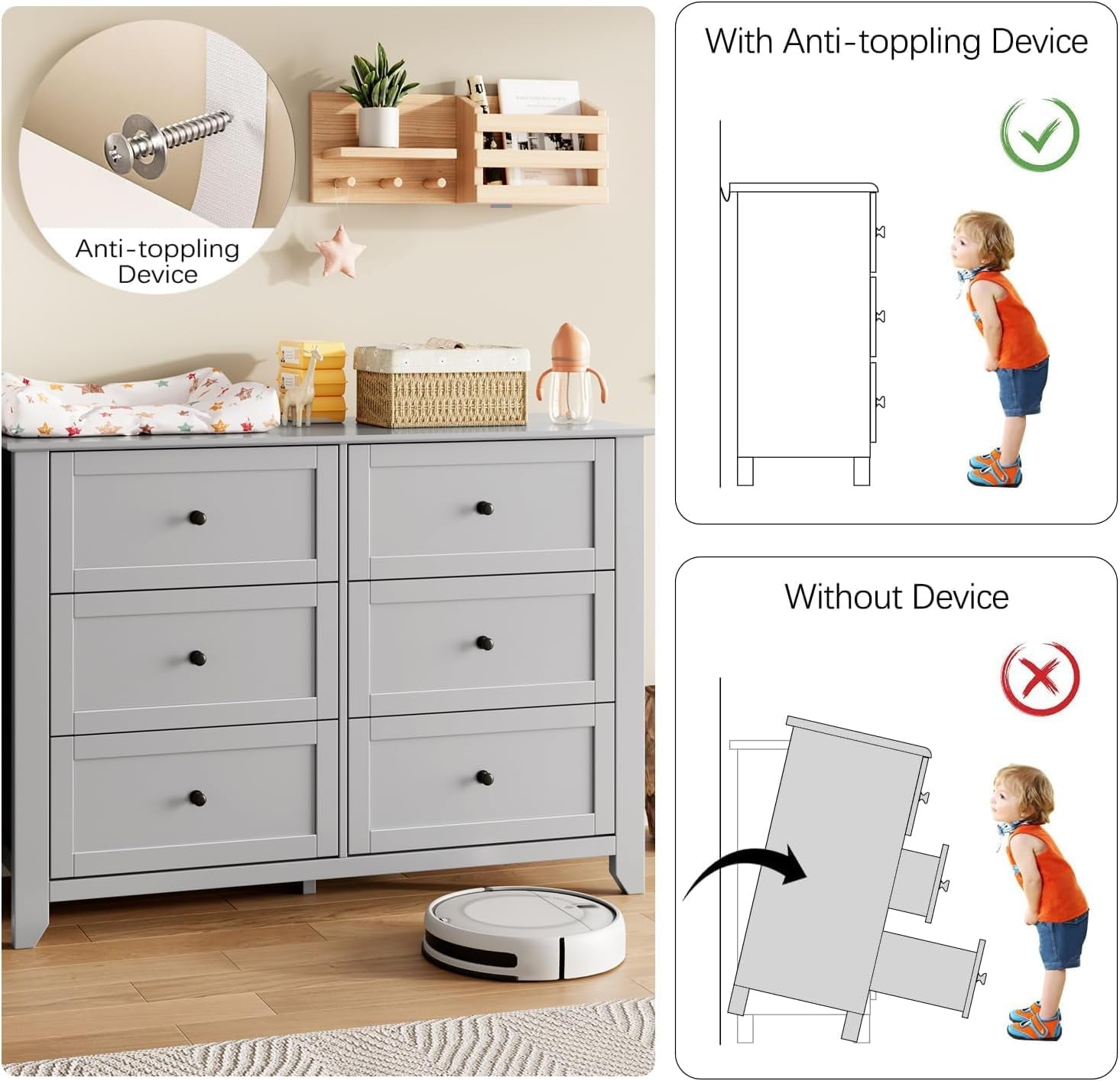 Grey Six Drawer Dresser For Bedroom Storage And Organization