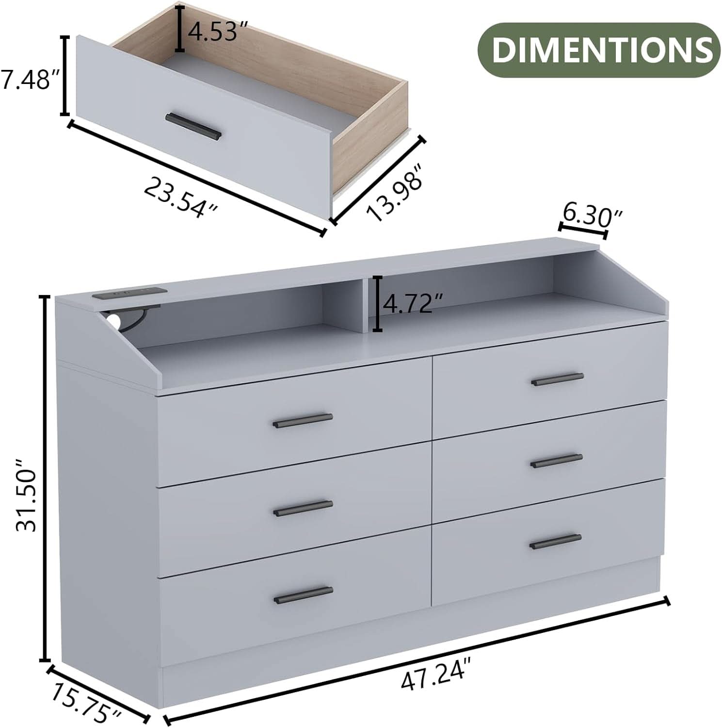 Grey Six Drawer Dresser With Power Outlet And USB Ports