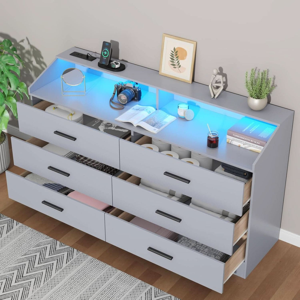 Grey Six Drawer Dresser With Power Outlet And USB Ports