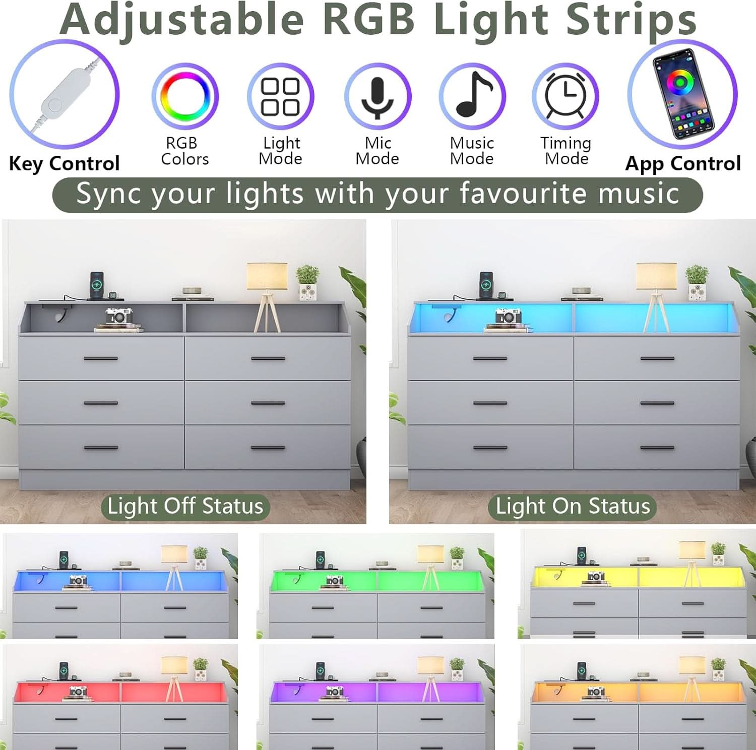 Grey Six Drawer Dresser With Power Outlet And USB Ports