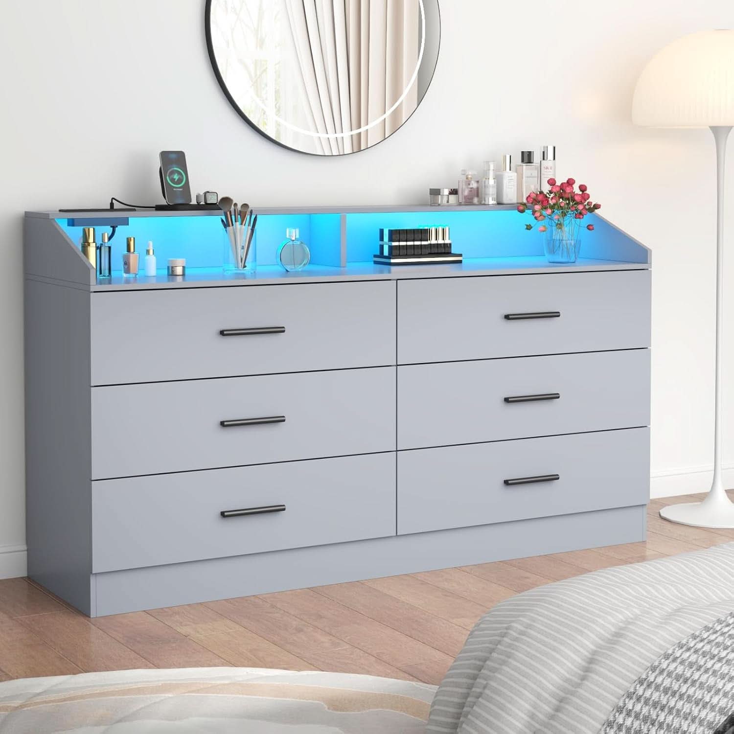 Grey Six Drawer Dresser With Power Outlet And USB Ports