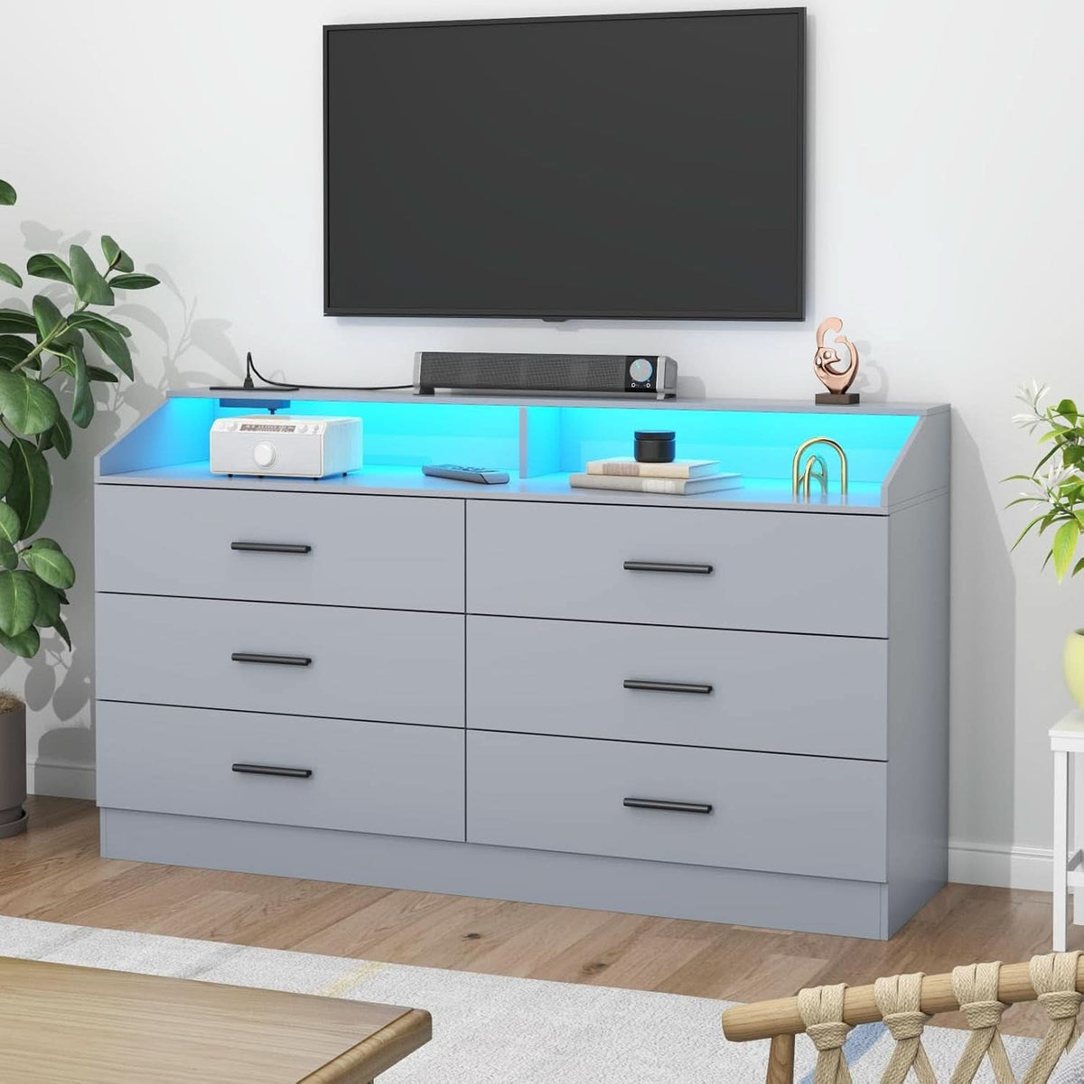 Grey Six Drawer Dresser With Power Outlet And USB Ports