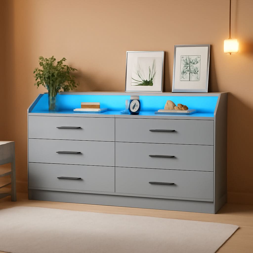 Grey Six Drawer Dresser With Power Outlet And USB Ports