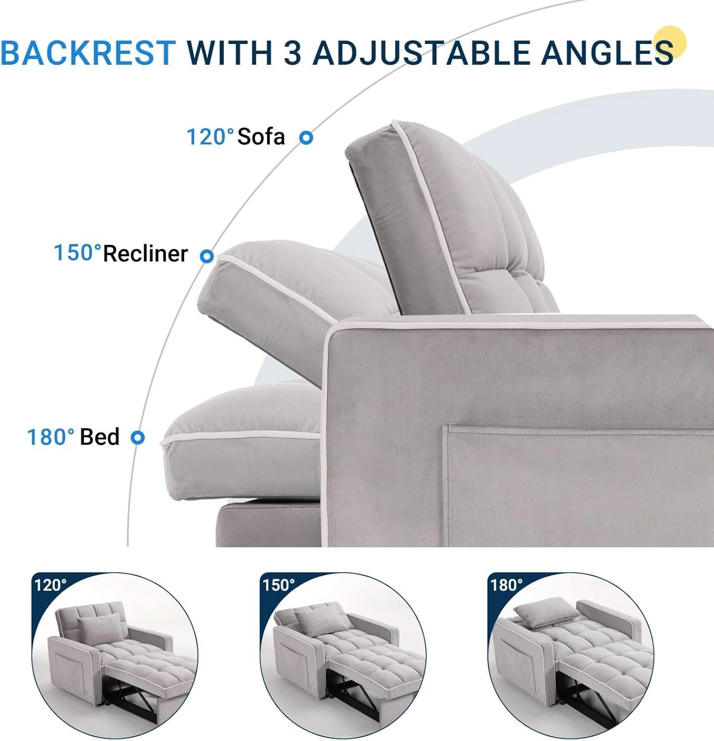 Grey Sleeper Sofa Bed Chair Three Level Adjustable Backrest