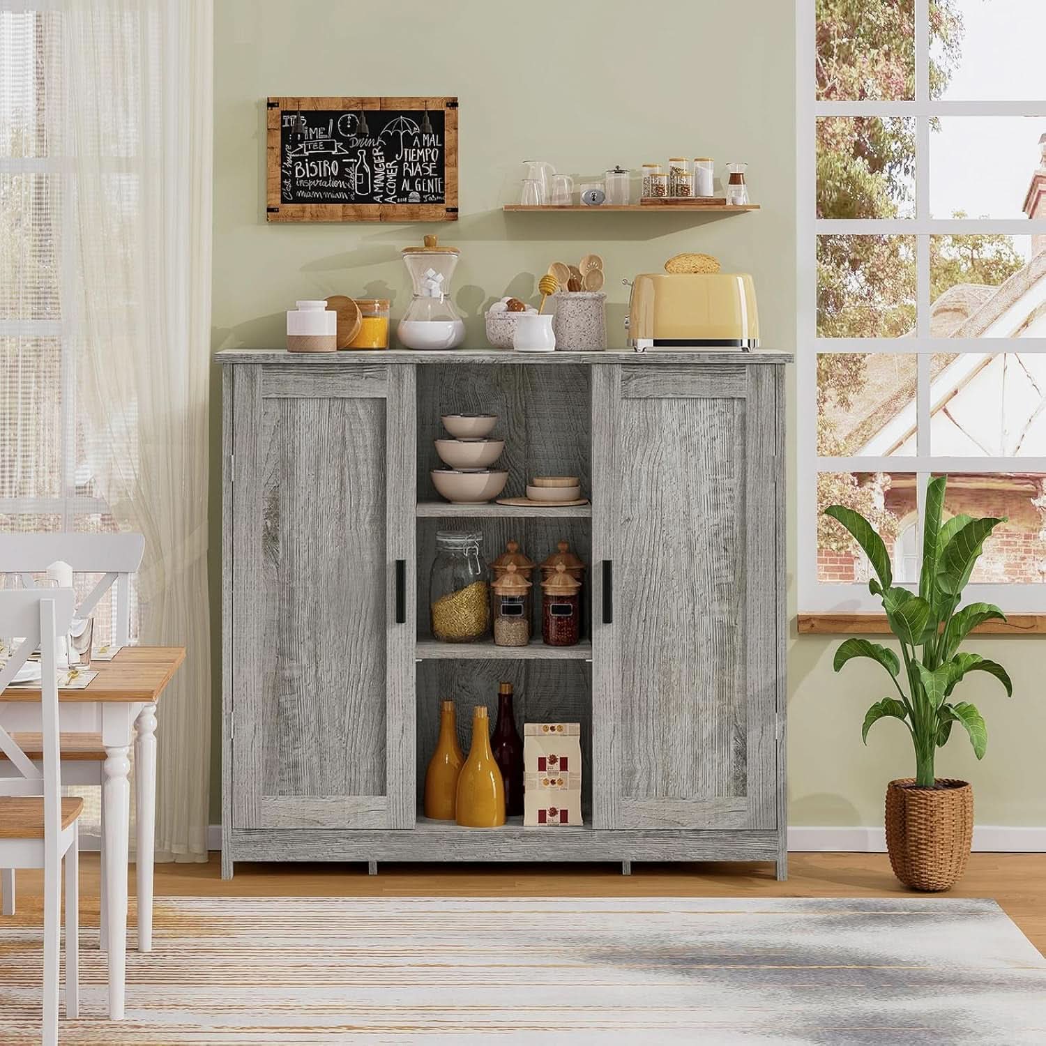 Grey Storage Cabinet With 2 Doors And 4 Adjustable Shelves