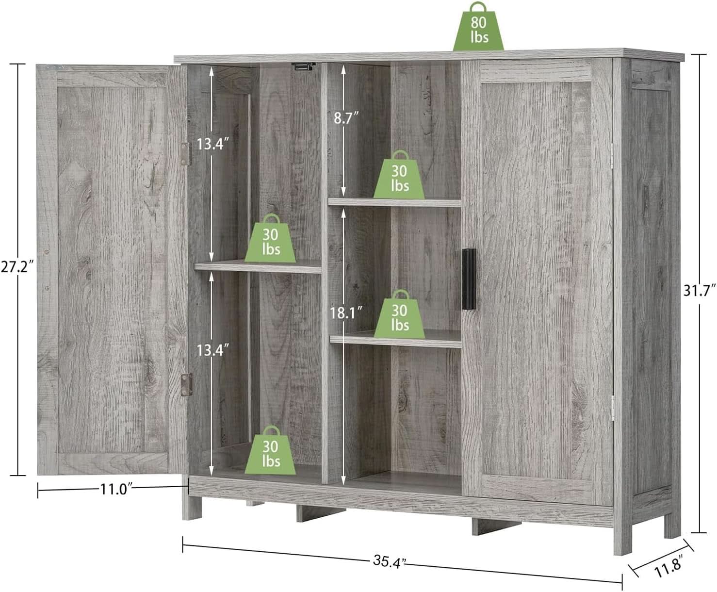 Grey Storage Cabinet With 2 Doors And 4 Adjustable Shelves