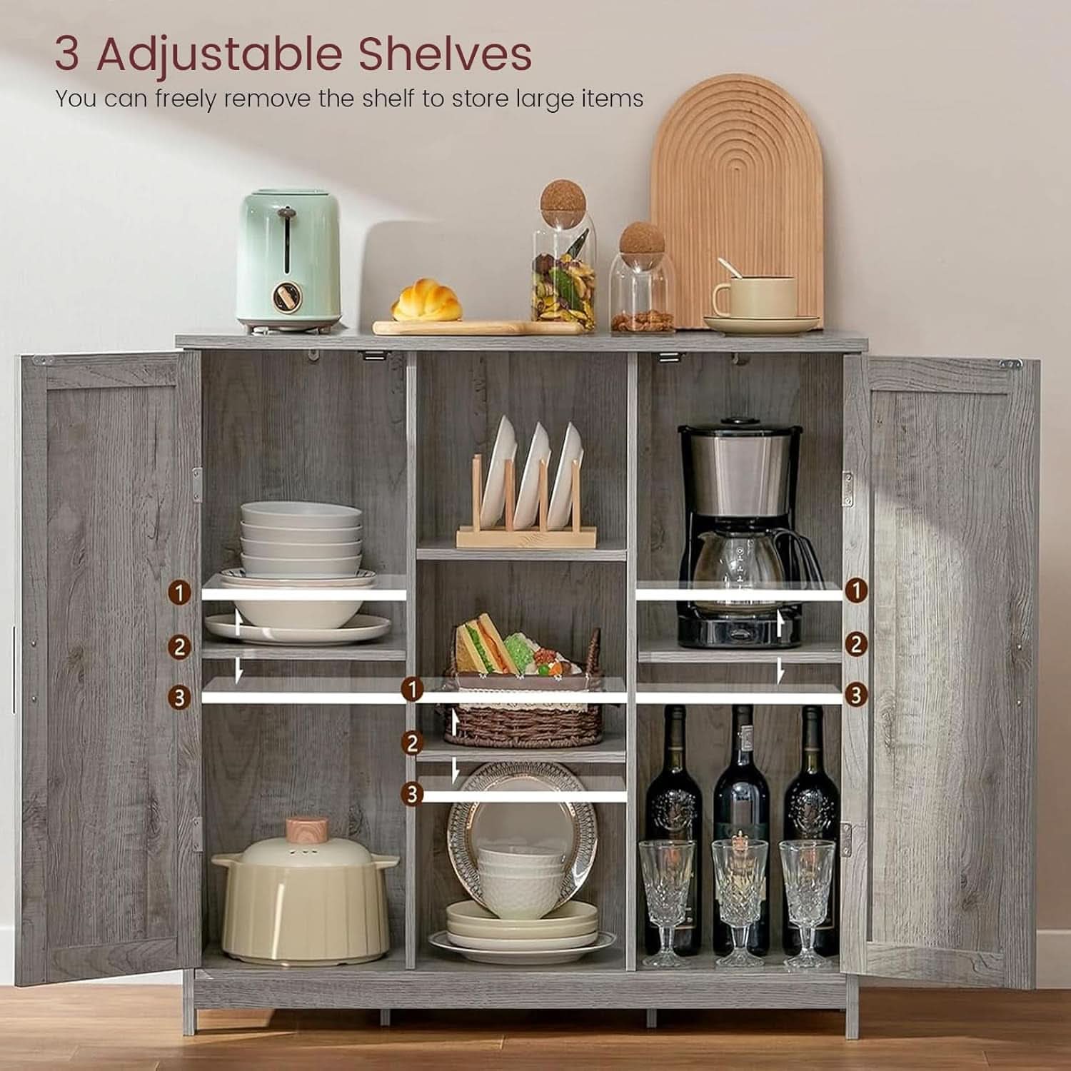 Grey Storage Cabinet With 2 Doors And 4 Adjustable Shelves