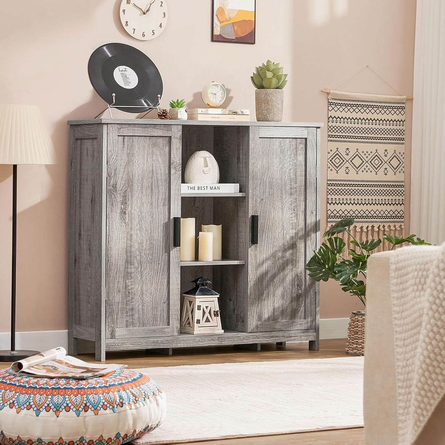 Grey Storage Cabinet With 2 Doors And 4 Adjustable Shelves