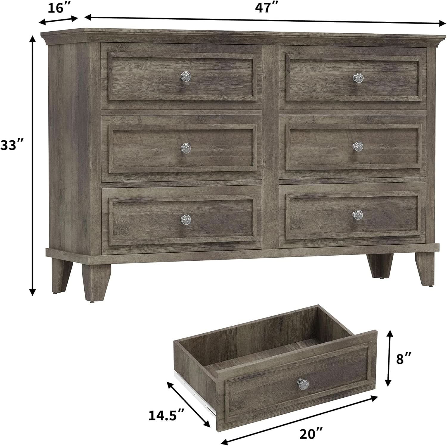 Grey Substantial Six Drawers Dresser With Hardware
