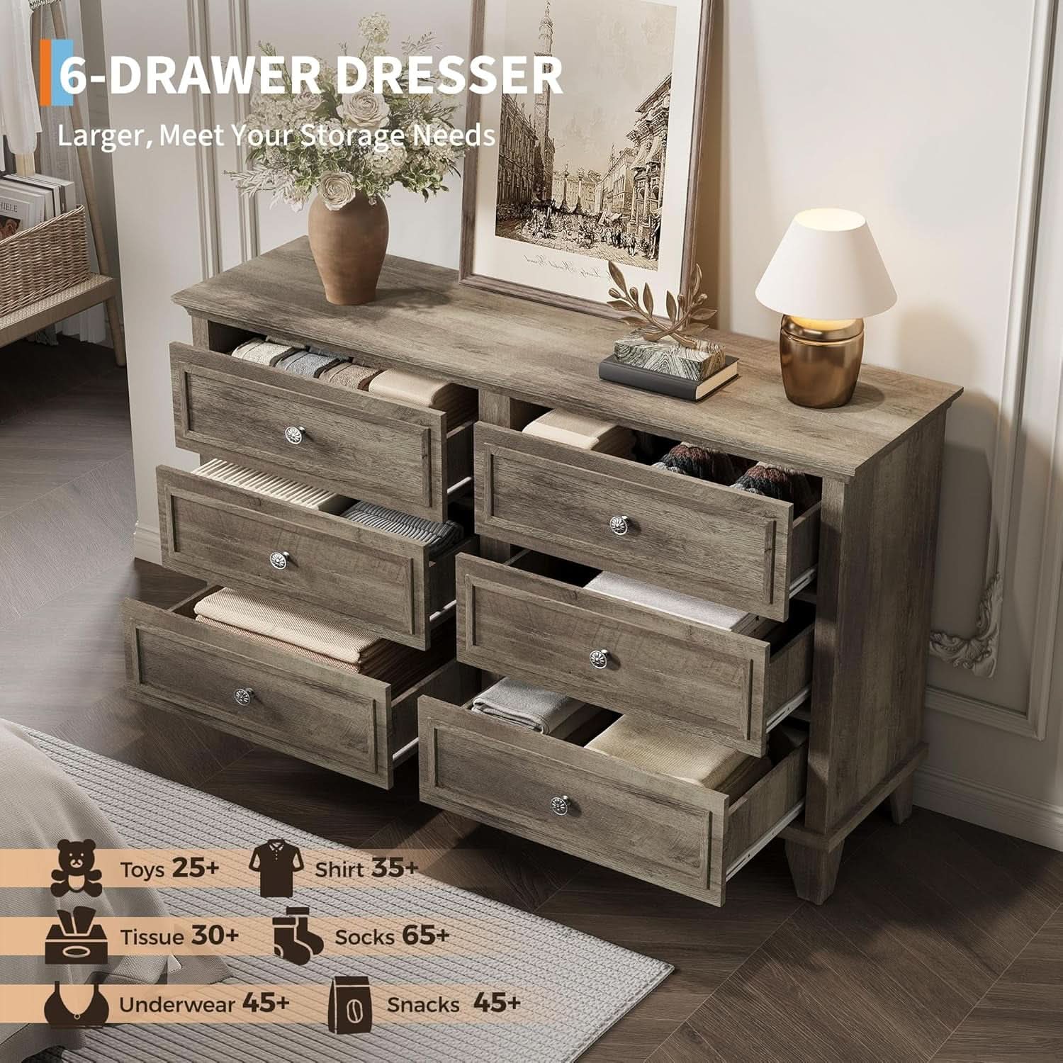 Grey Substantial Six Drawers Dresser With Hardware