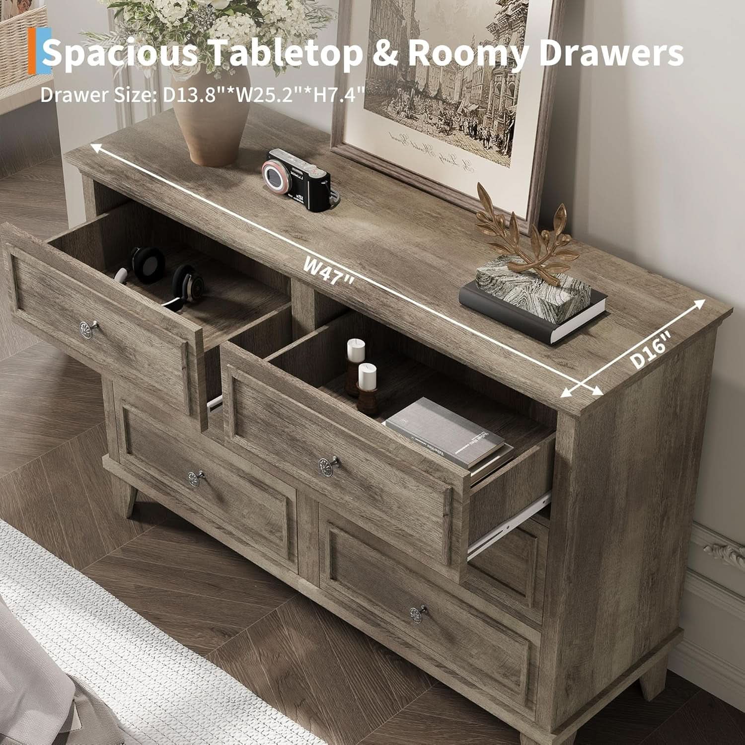 Grey Substantial Six Drawers Dresser With Hardware