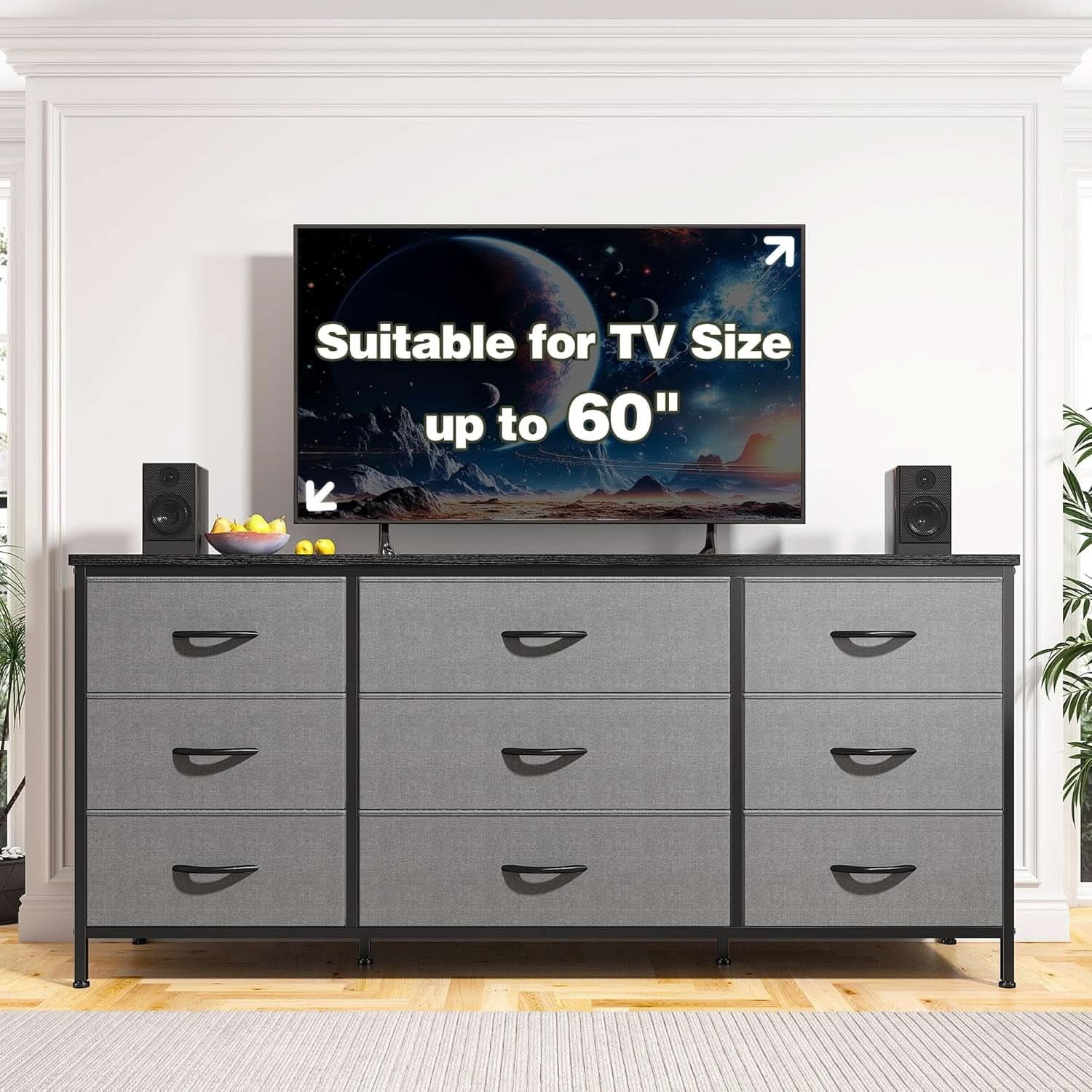 Grey TV Console With 9 Drawers For Living Room Entertainment Center