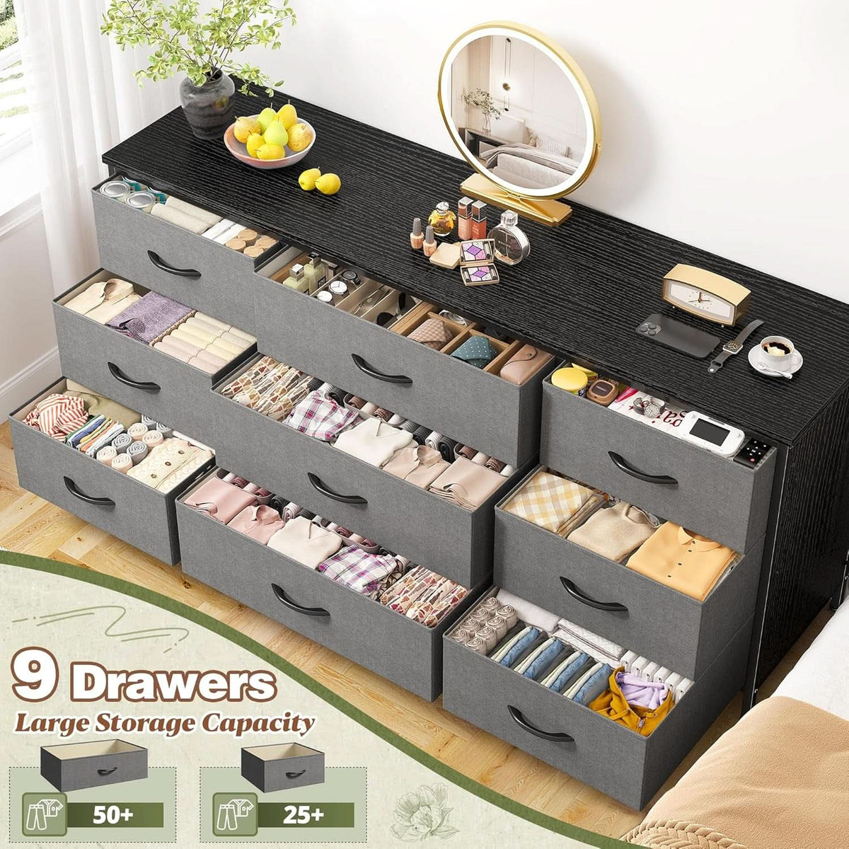 Grey TV Console With 9 Drawers For Living Room Entertainment Center