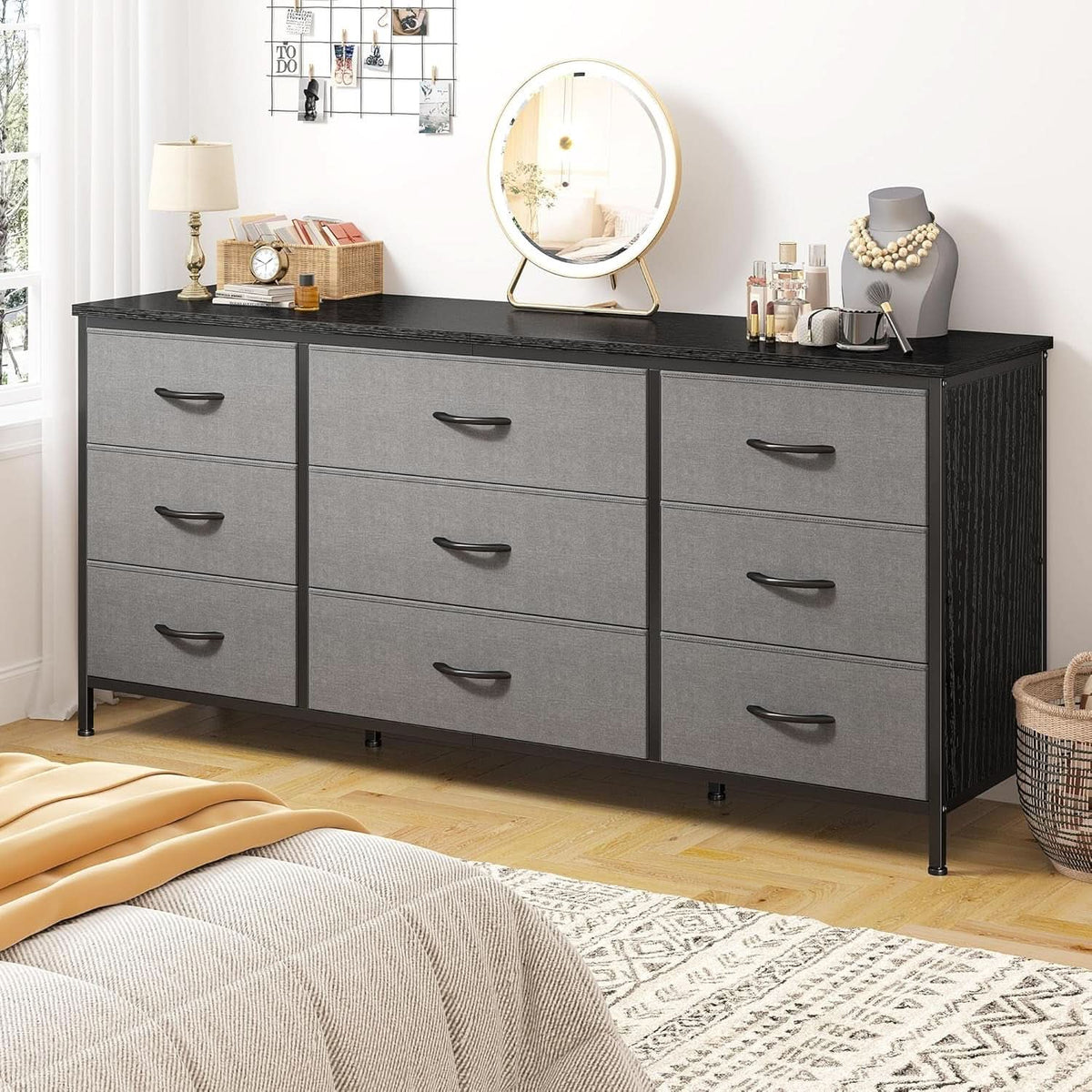 Grey TV Console With 9 Drawers For Living Room Entertainment Center