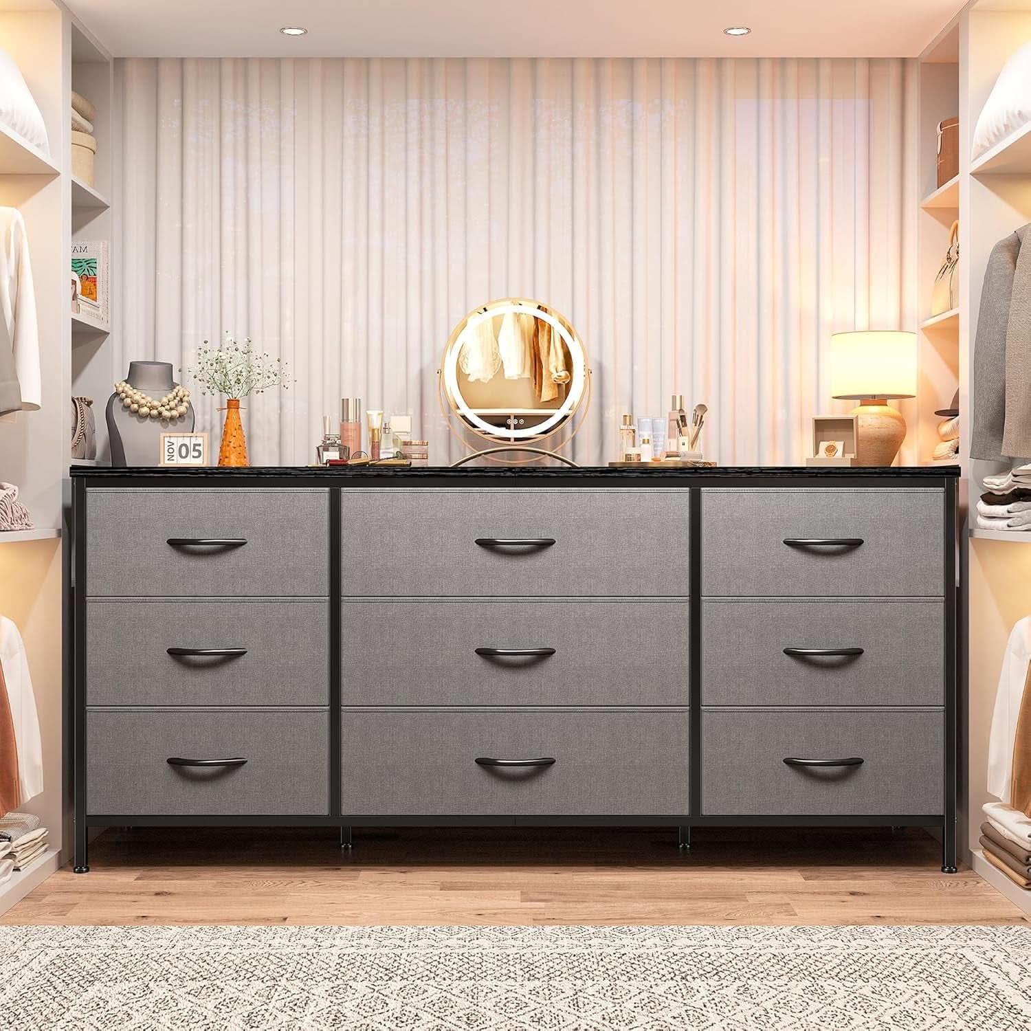 Grey TV Console With 9 Drawers For Living Room Entertainment Center