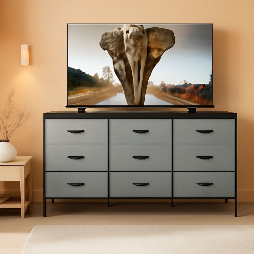 Grey TV Console With 9 Drawers For Living Room Entertainment Center