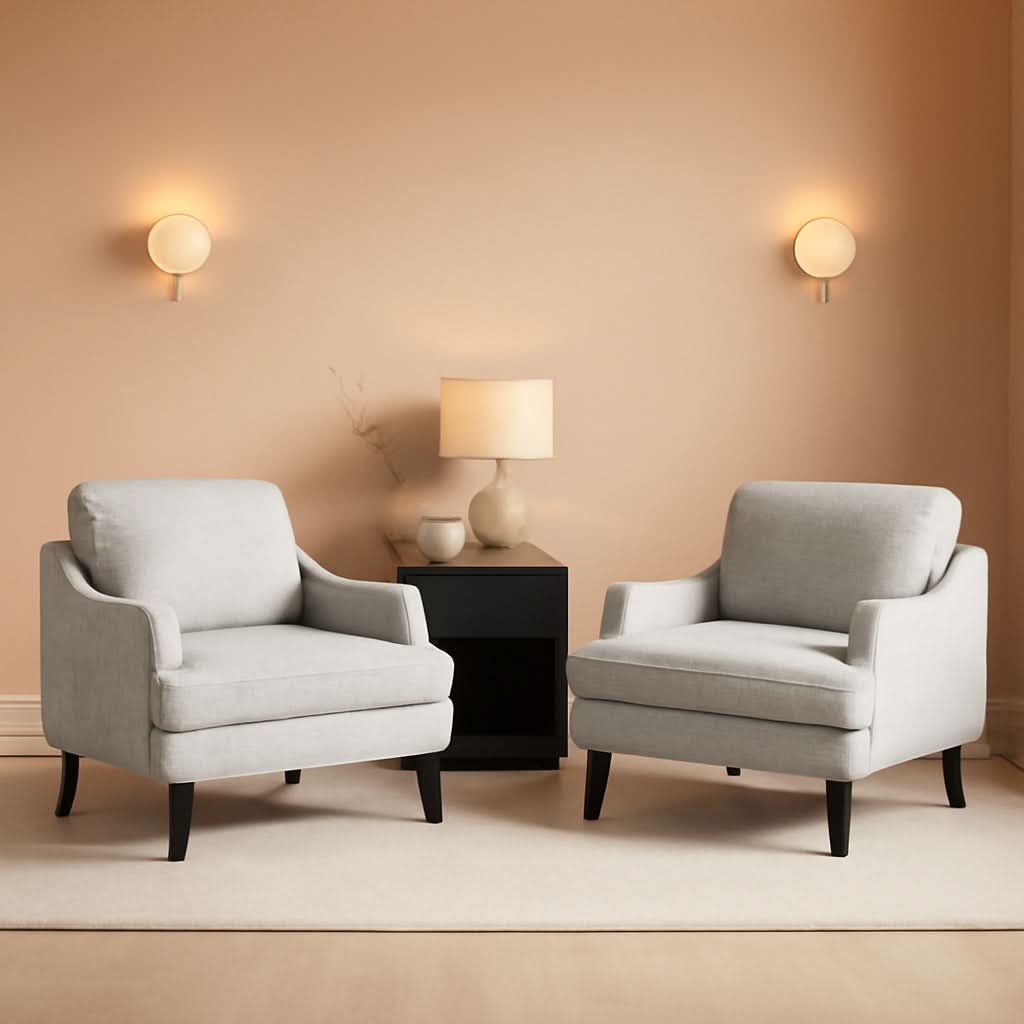 Grey Textured Linen Upholstered Accent Armchairs Pair