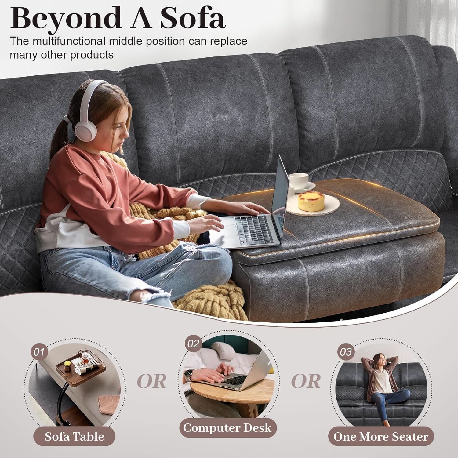 Grey Three Seater Manual Recliner Sofa Modern Living Room