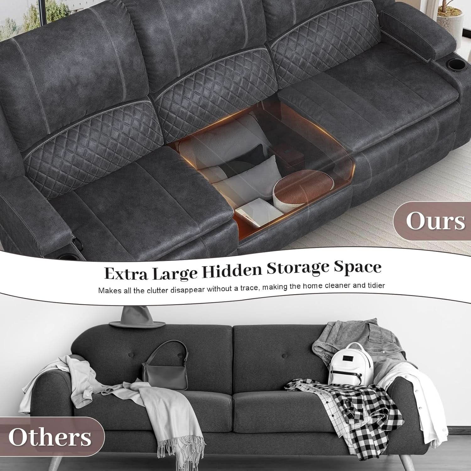 Grey Three Seater Manual Recliner Sofa Modern Living Room