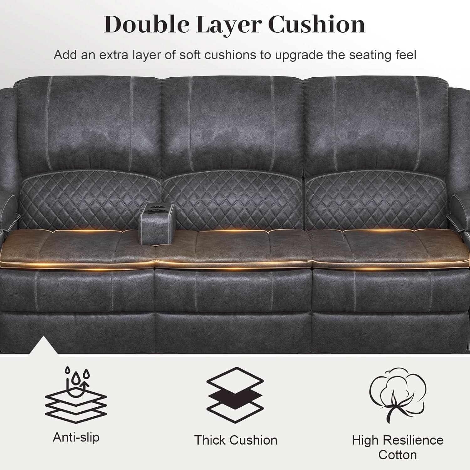 Grey Three Seater Manual Recliner Sofa Modern Living Room