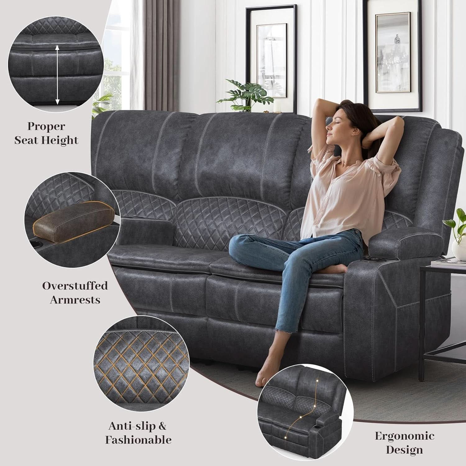 Grey Three Seater Manual Recliner Sofa Modern Living Room