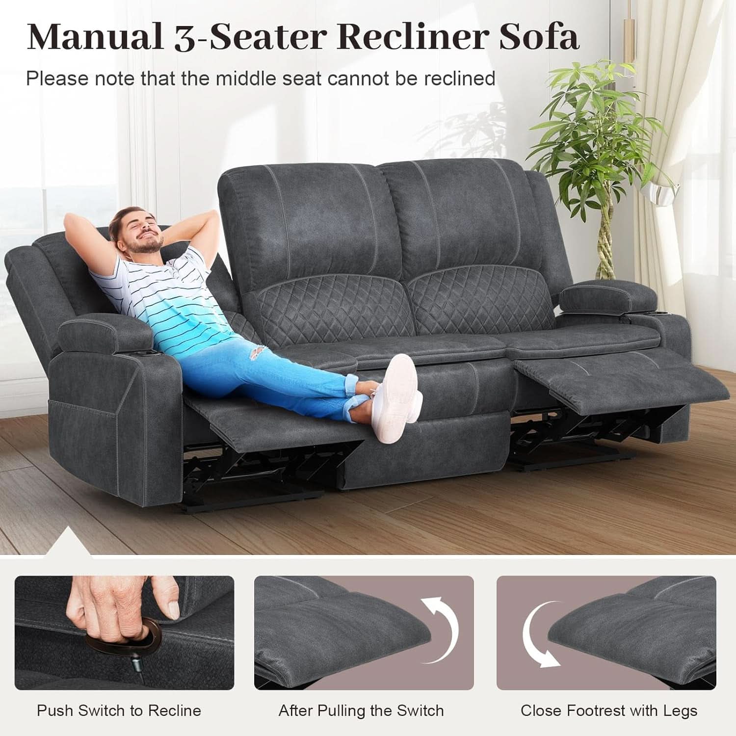 Grey Three Seater Manual Recliner Sofa Modern Living Room