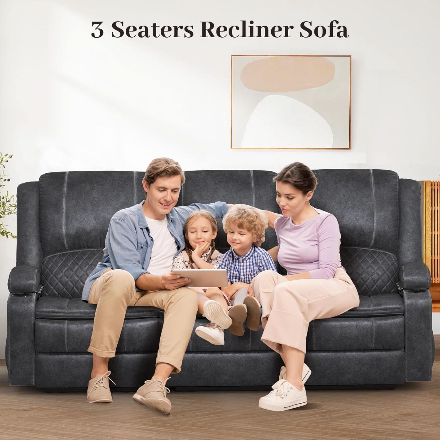 Grey Three Seater Manual Recliner Sofa Modern Living Room