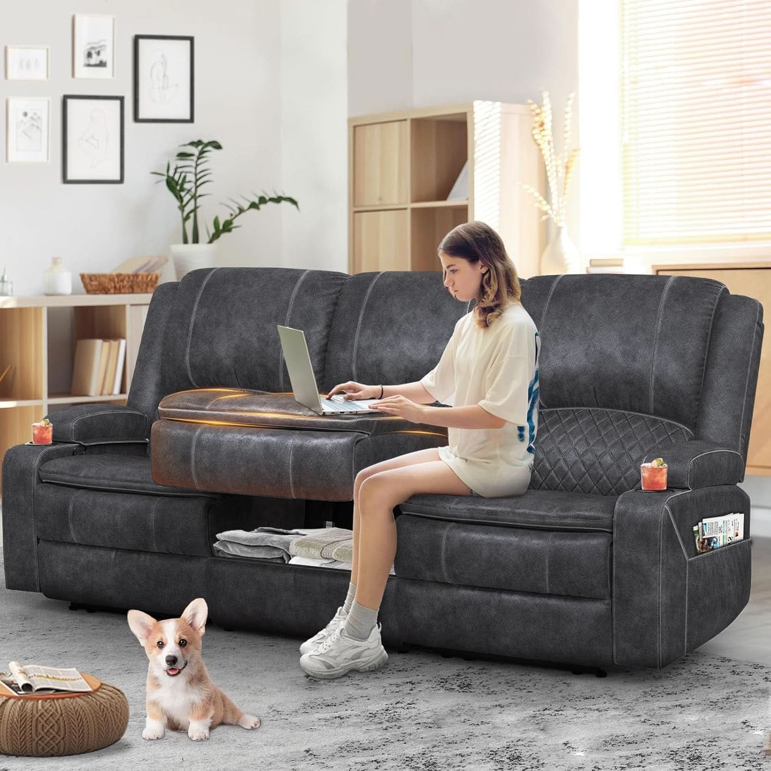 Grey Three Seater Manual Recliner Sofa Modern Living Room