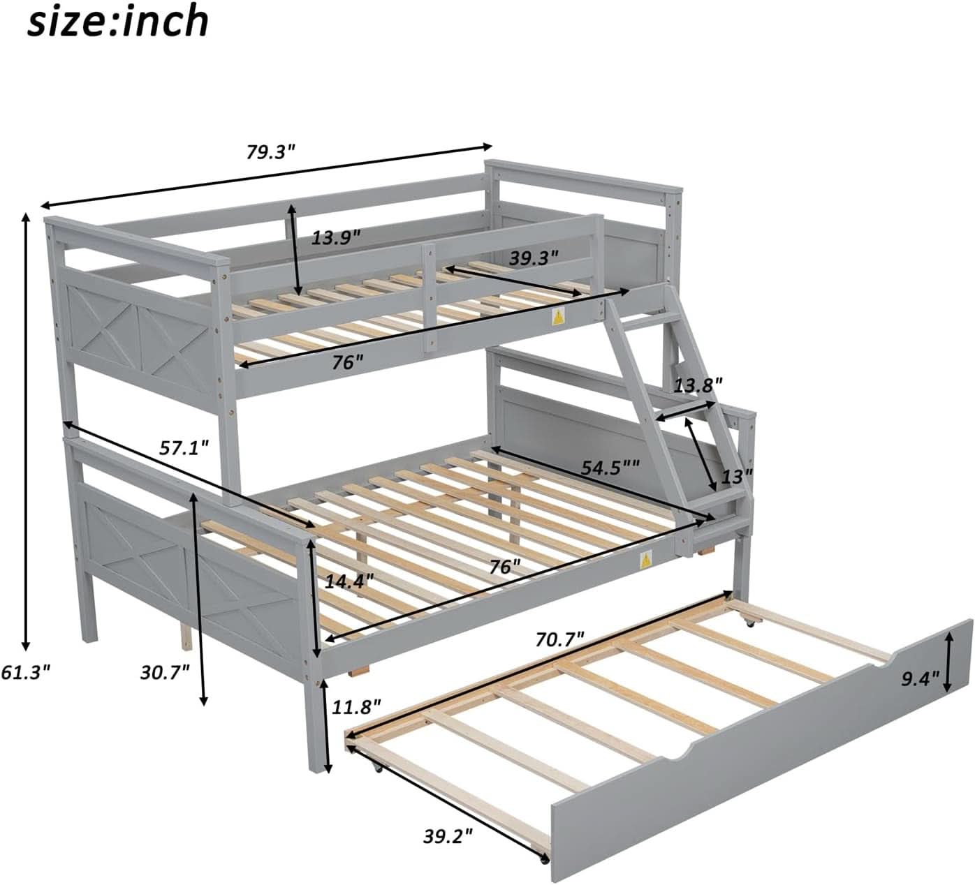 Grey Trundle Bunk Bed Twin Over Full With Guardrail