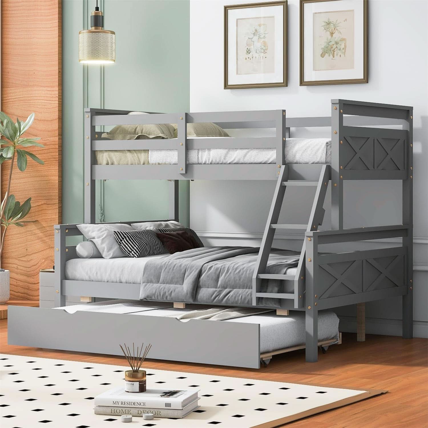 Grey Trundle Bunk Bed Twin Over Full With Guardrail