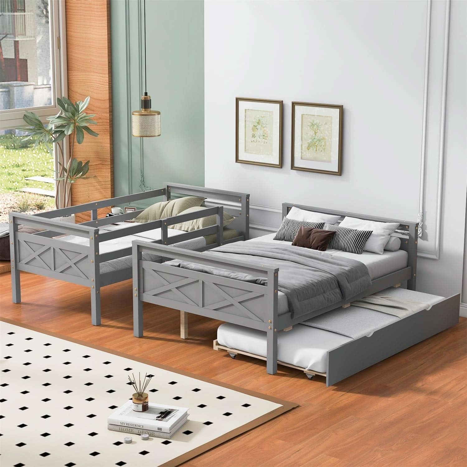 Grey Trundle Bunk Bed Twin Over Full With Guardrail