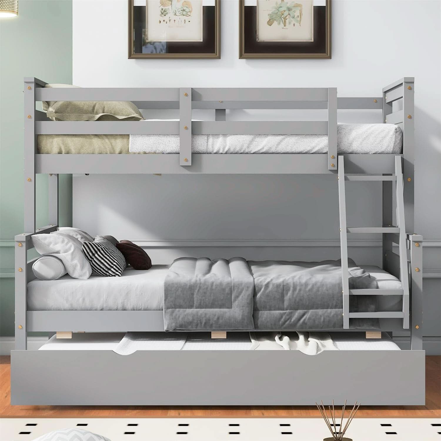 Grey Trundle Bunk Bed Twin Over Full With Guardrail