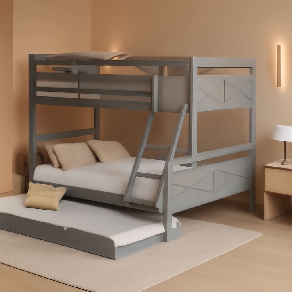 Grey Trundle Bunk Bed Twin Over Full With Guardrail