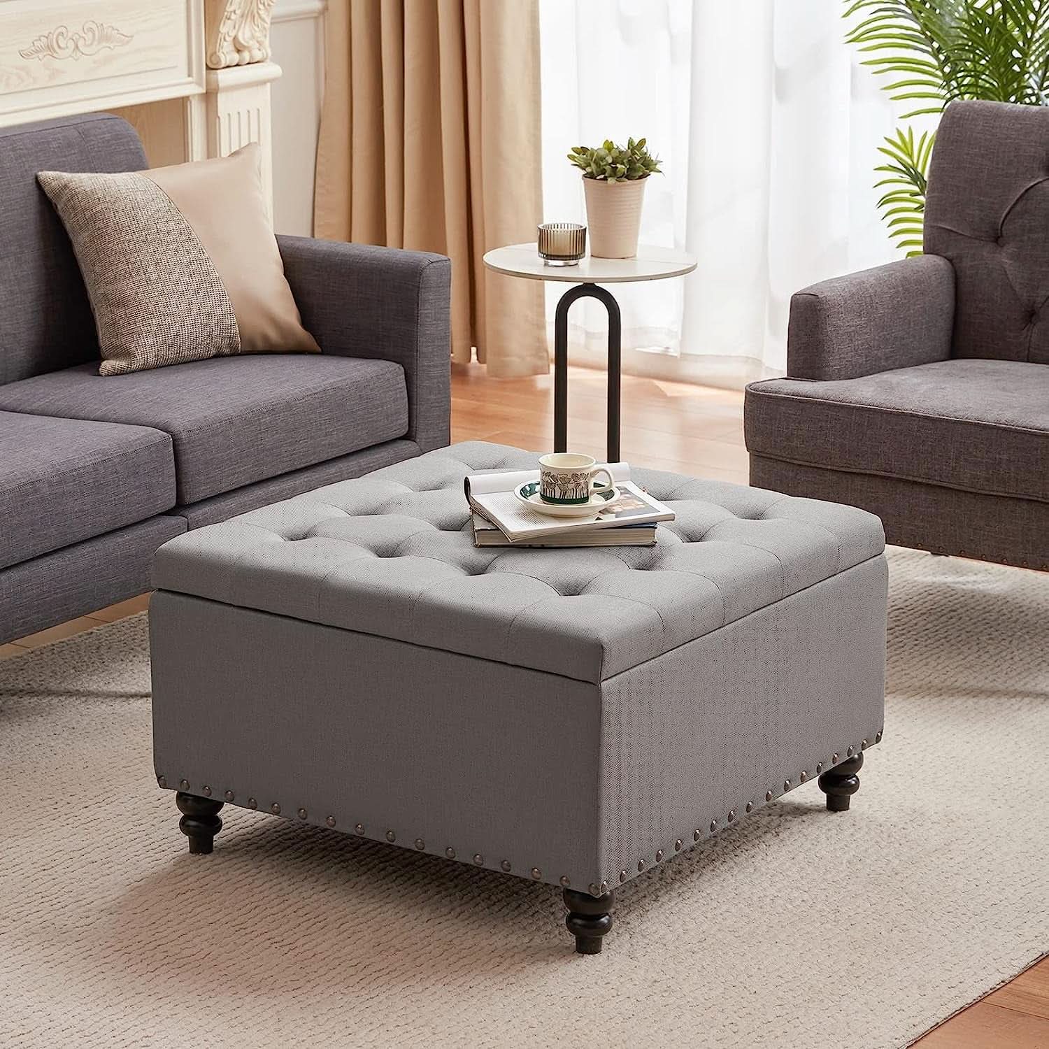 Grey Tufted Storage Ottoman Square For Living Room