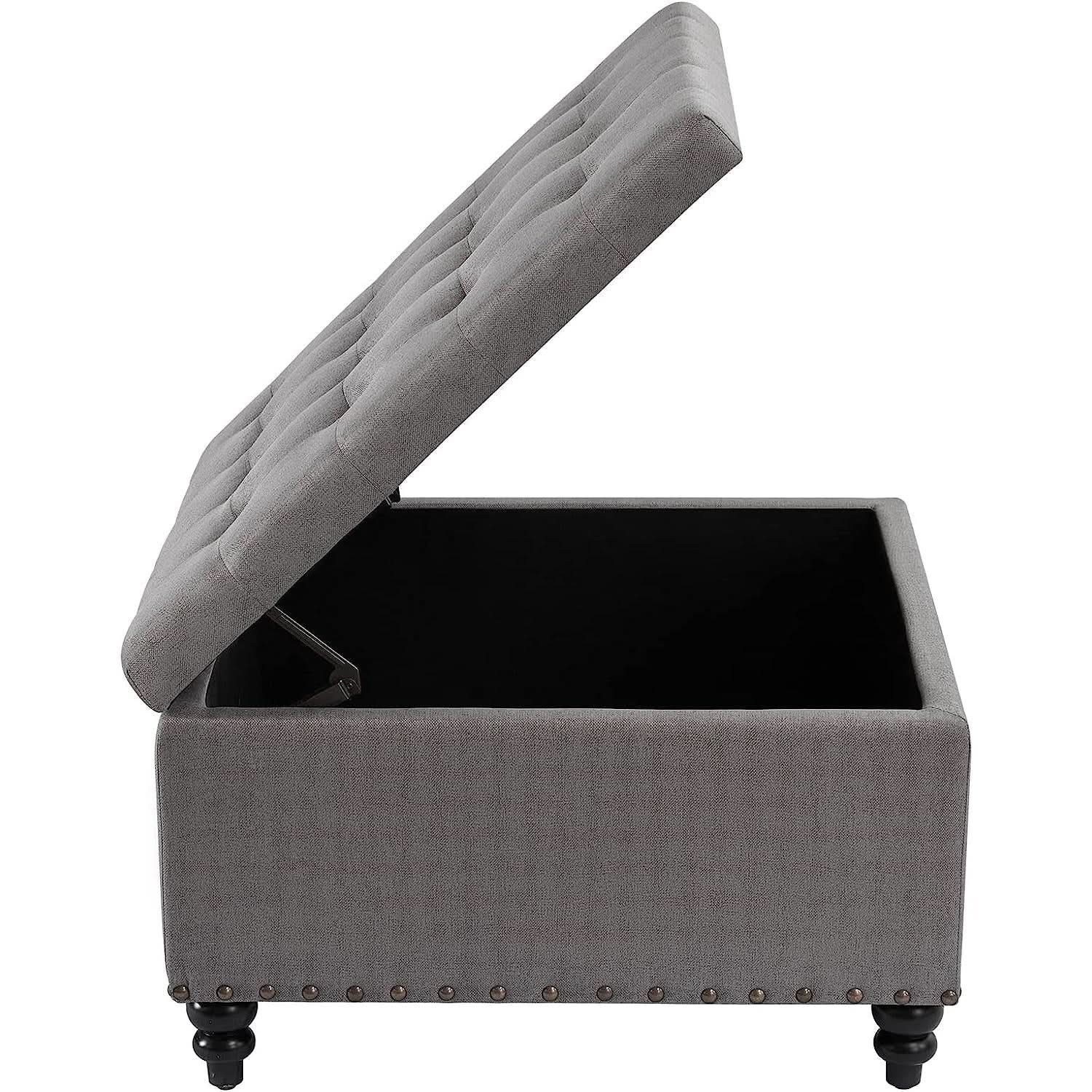 Grey Tufted Storage Ottoman Square For Living Room