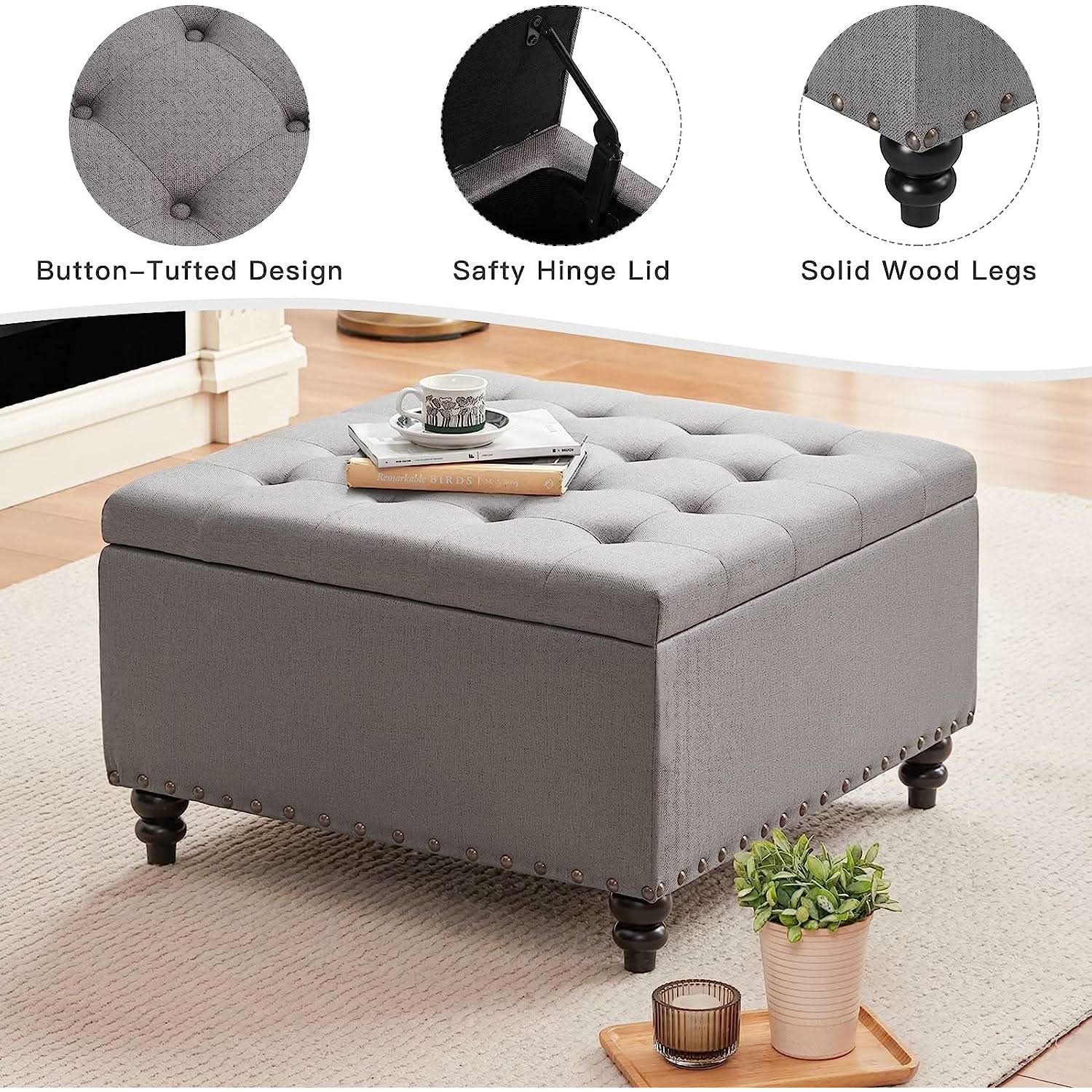 Grey Tufted Storage Ottoman Square For Living Room