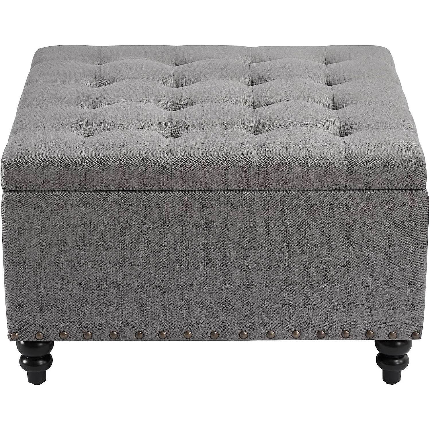 Grey Tufted Storage Ottoman Square For Living Room