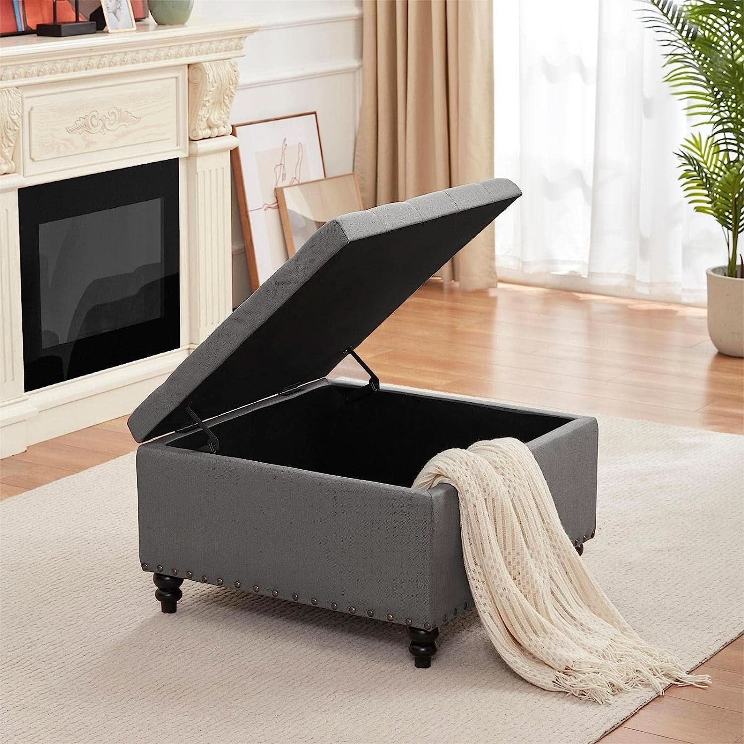 Grey Tufted Storage Ottoman Square For Living Room