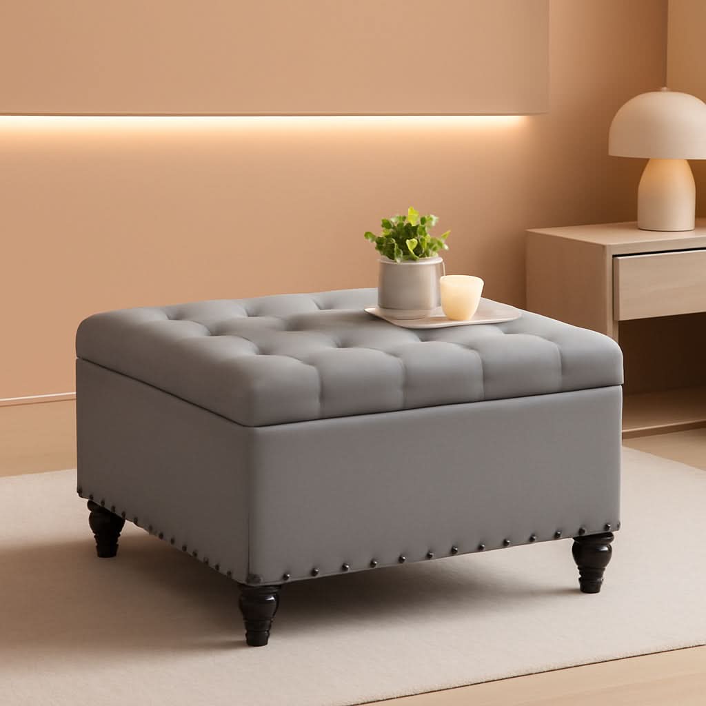 Grey Tufted Storage Ottoman Square For Living Room