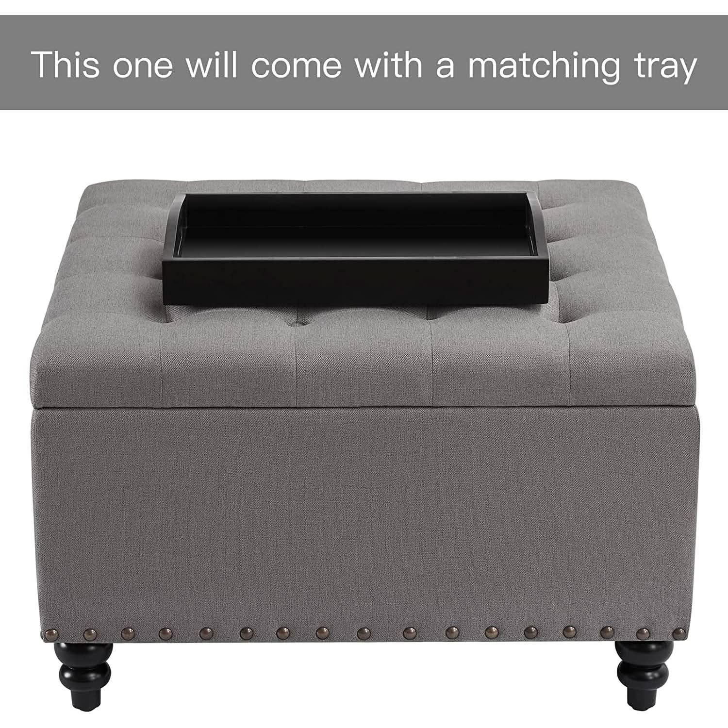 Grey Tufted Storage Ottoman With Tray Square Coffee Table