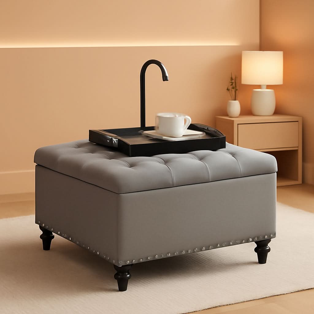 Grey Tufted Storage Ottoman With Tray Square Coffee Table